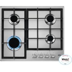 Aeg HGE64200SM 60cm wide 4 burner gas hob with triple crown burner. Silver knob with black body and 